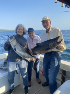 95 year old Barbara was out fishing for the second time in a month with her daughter Martha and son catching salmon on West Grand Traverse Bay